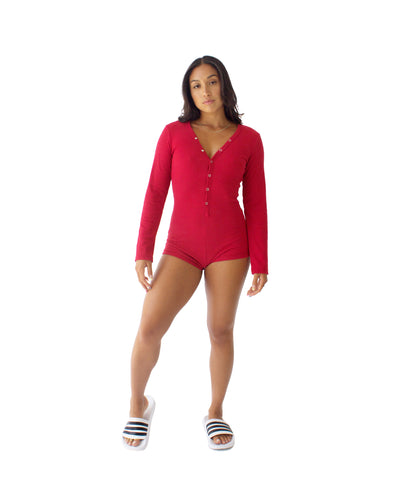 RED V Neck Butt Button Back Flap Pajama Onesie